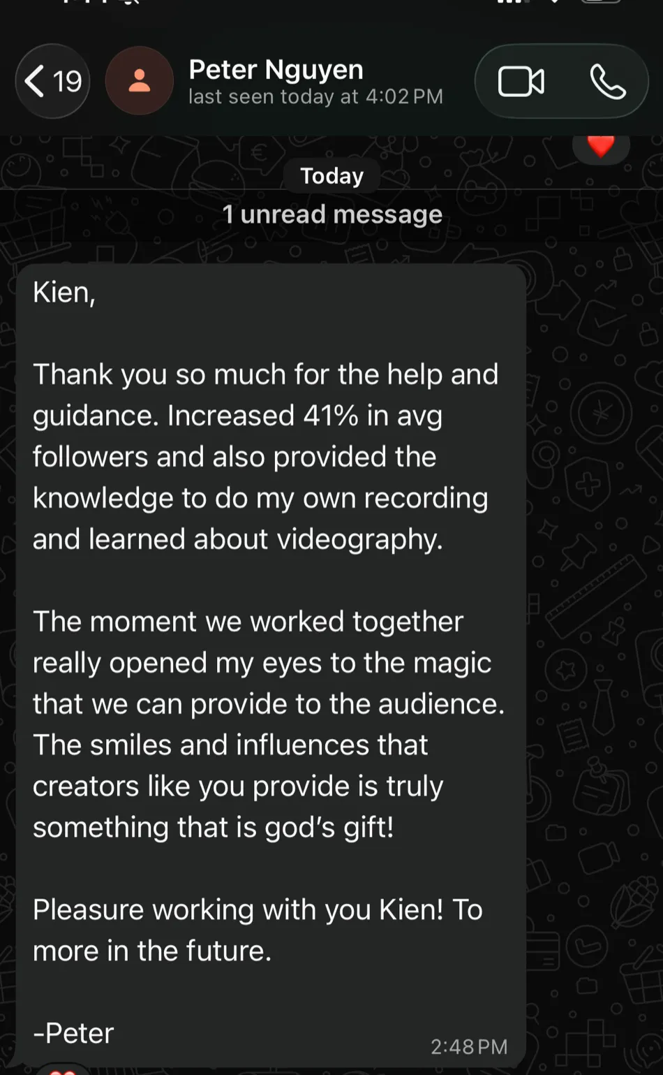 Message from Peter Nguyen thanking Kien, 41% increase in average followers