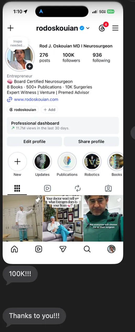 Dr. Rod Oskouian's Instagram: 100K followers, 11.7M views in 30 days